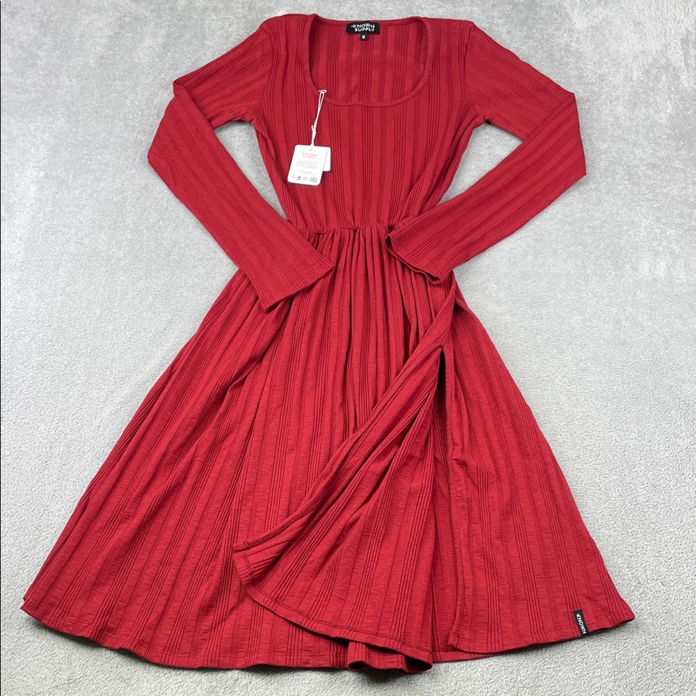 NEW Known Supply S Irene Dress Organic‎ Cotton Elegant Red Long Sleeve Dress